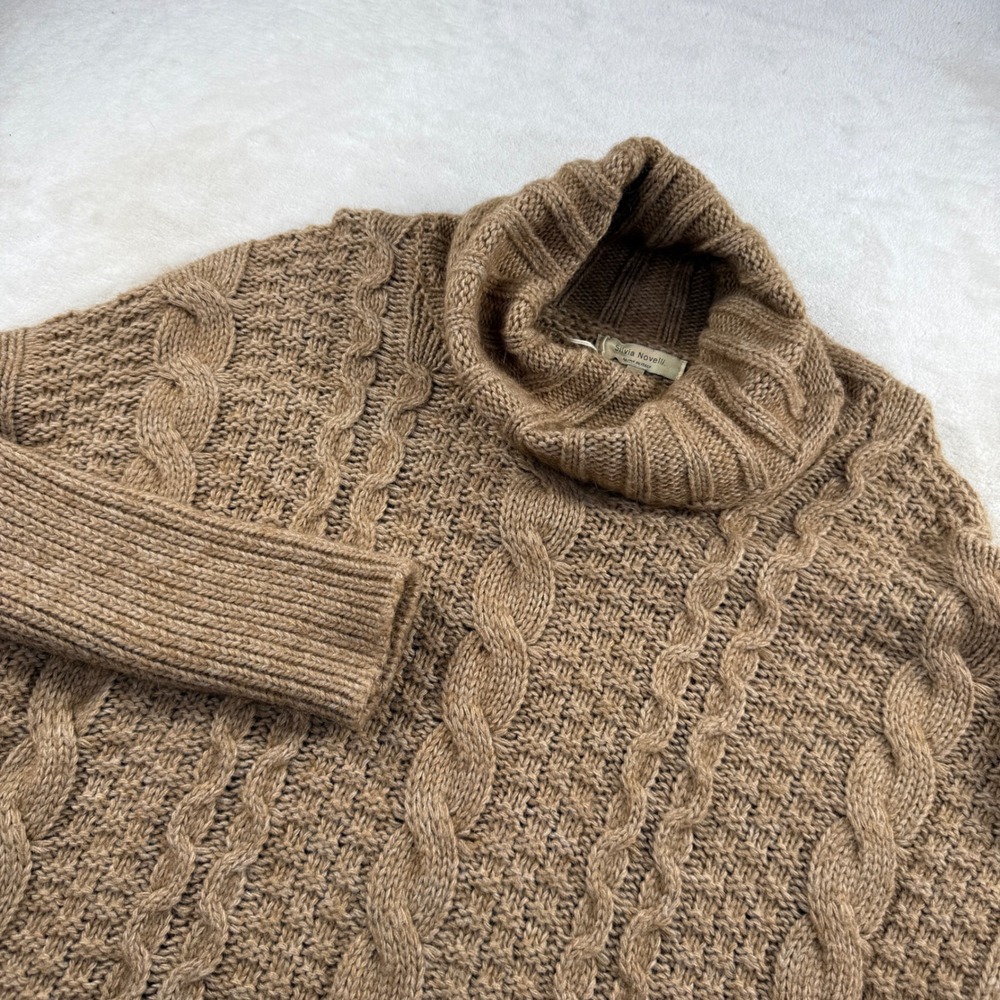 Silvia Novelli Womens Large Cable Knit Turtleneck Sweater Brown Made in Italy